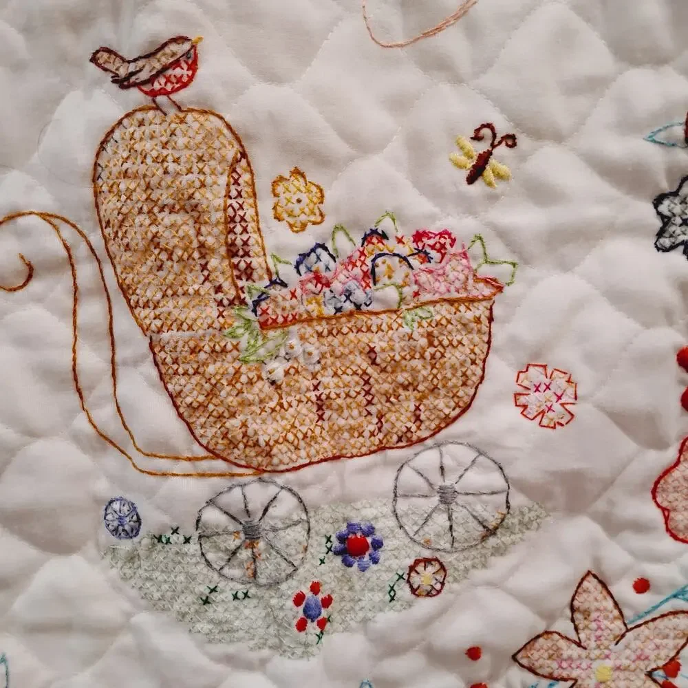 SWEET BABY CRIB BLANKET QUILT COVER EMBROIDERY TEDDYBEAR DUCK CARRIAGE 42.5